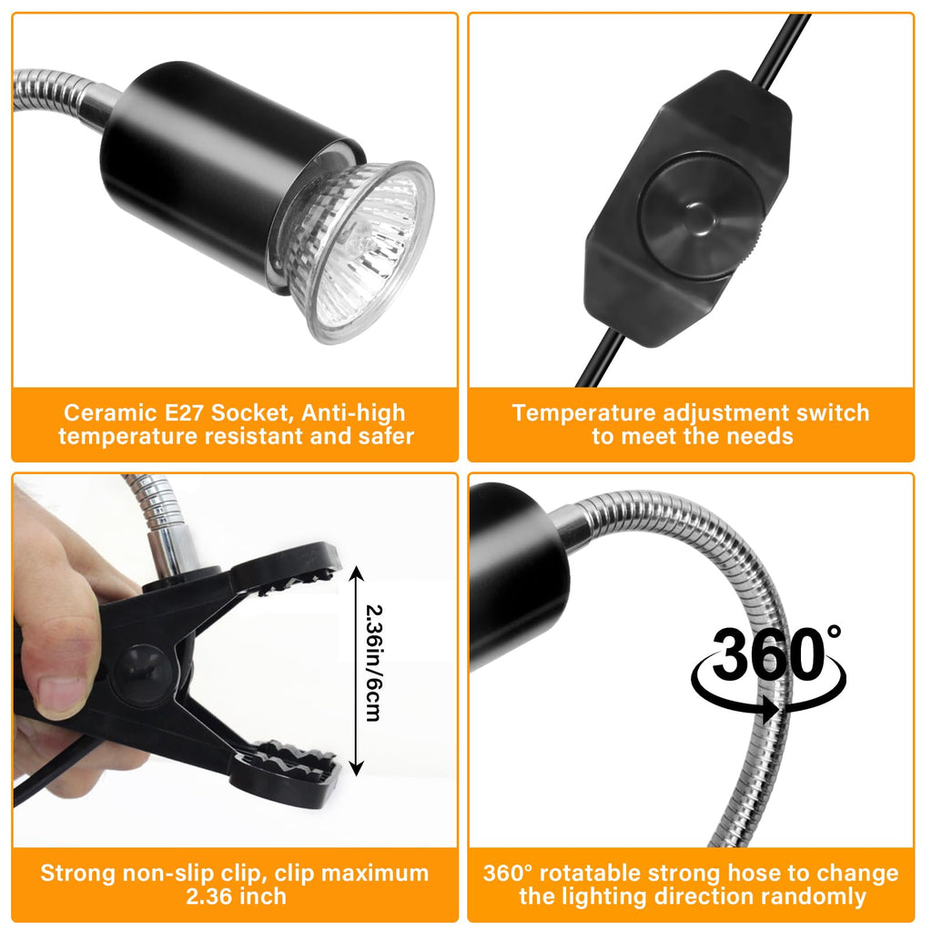 Clip-On Gooseneck Heat Lamp Holder Black for Reptile Enclosures-6