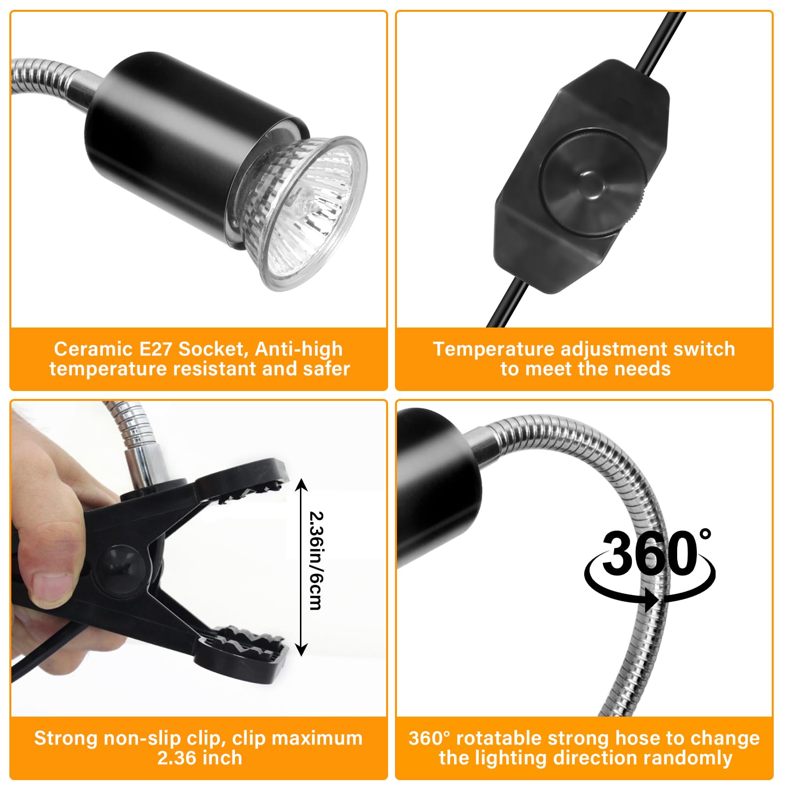 Clip-On Gooseneck Heat Lamp Holder Black for Reptile Enclosures-6