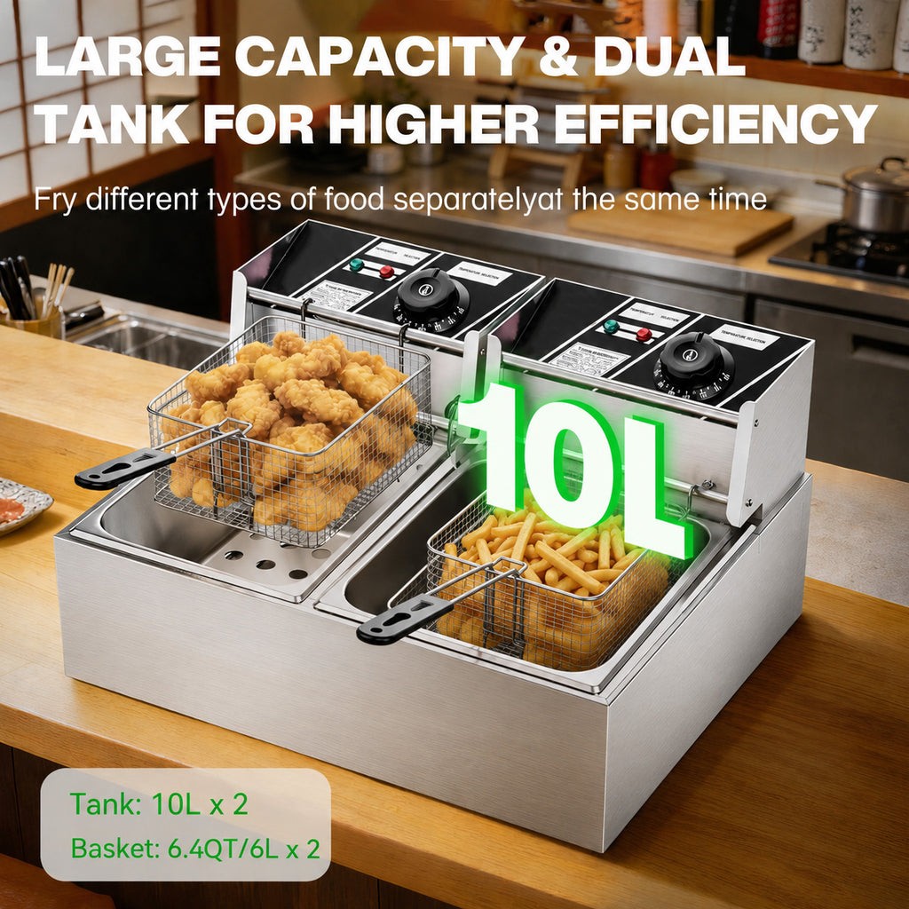 Electric Deep Fryer 50–200°C 10L + 10L Silver-2