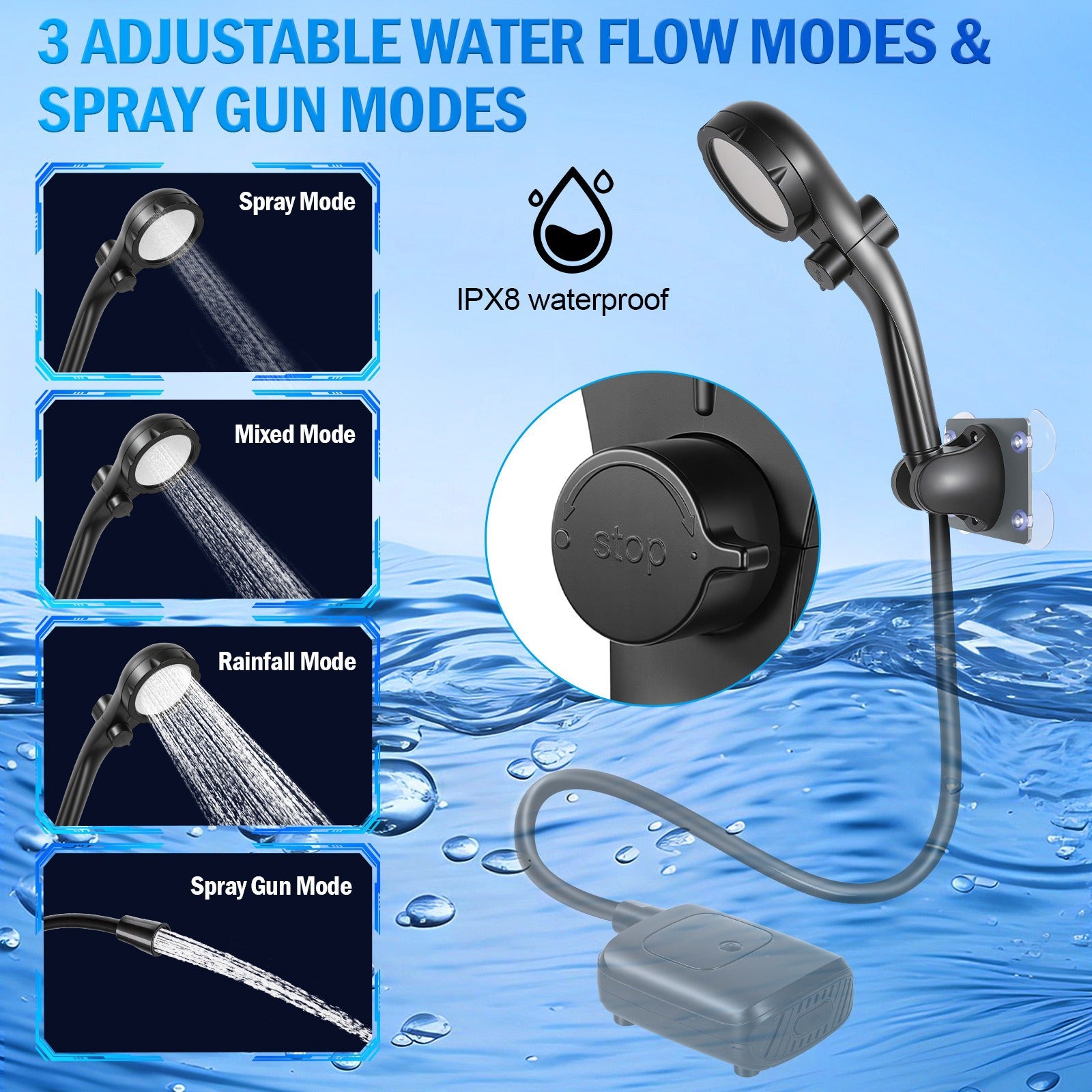 Portable Camping Shower 2400mAh Black-2